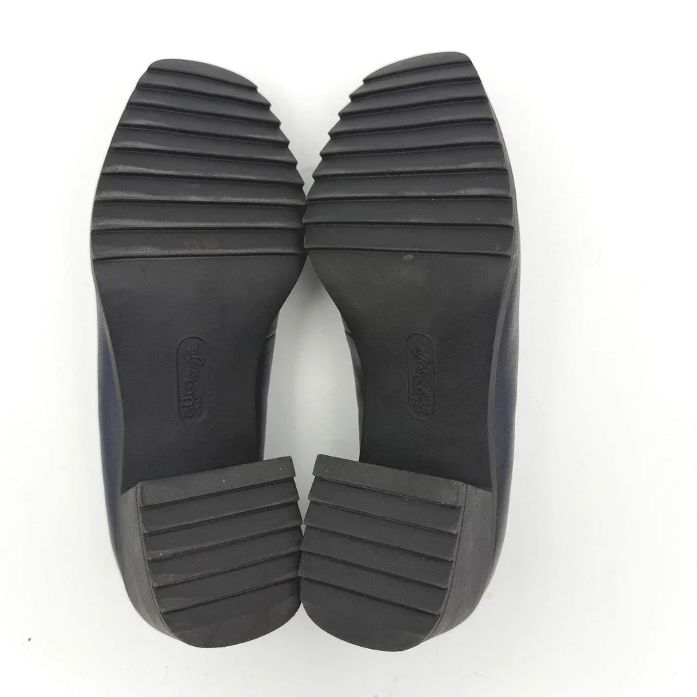 EuroSoft by Sofft Block Heel Loafers 8M Navy Blue Lug Sole Moc Toe Slip On Shoes